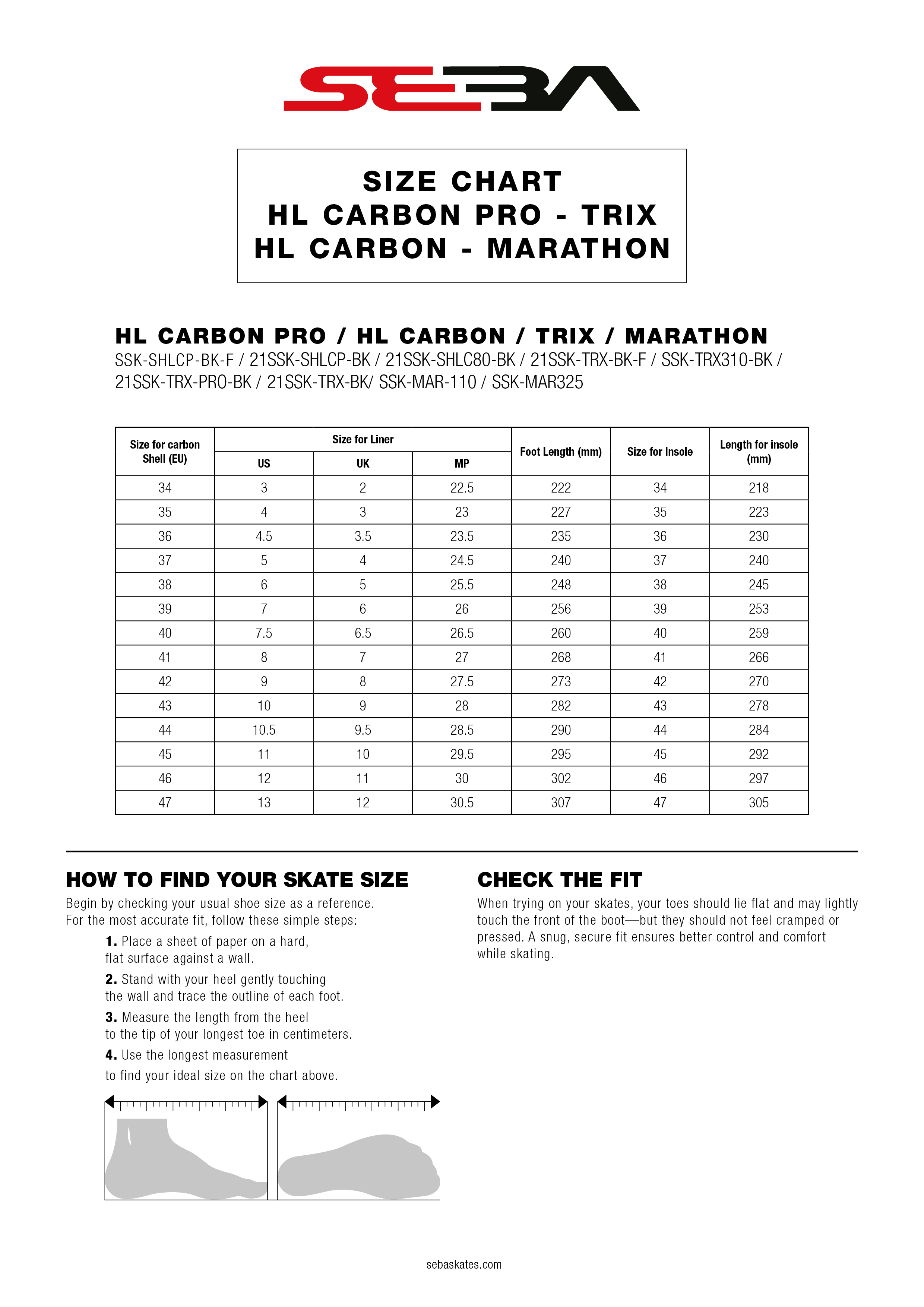 SIZE CHART - HL Carbon - Trix - Marathon